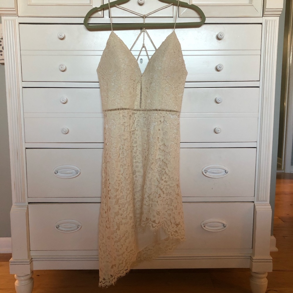 Revolve NBD lace cream asymmetrical dress size Lg